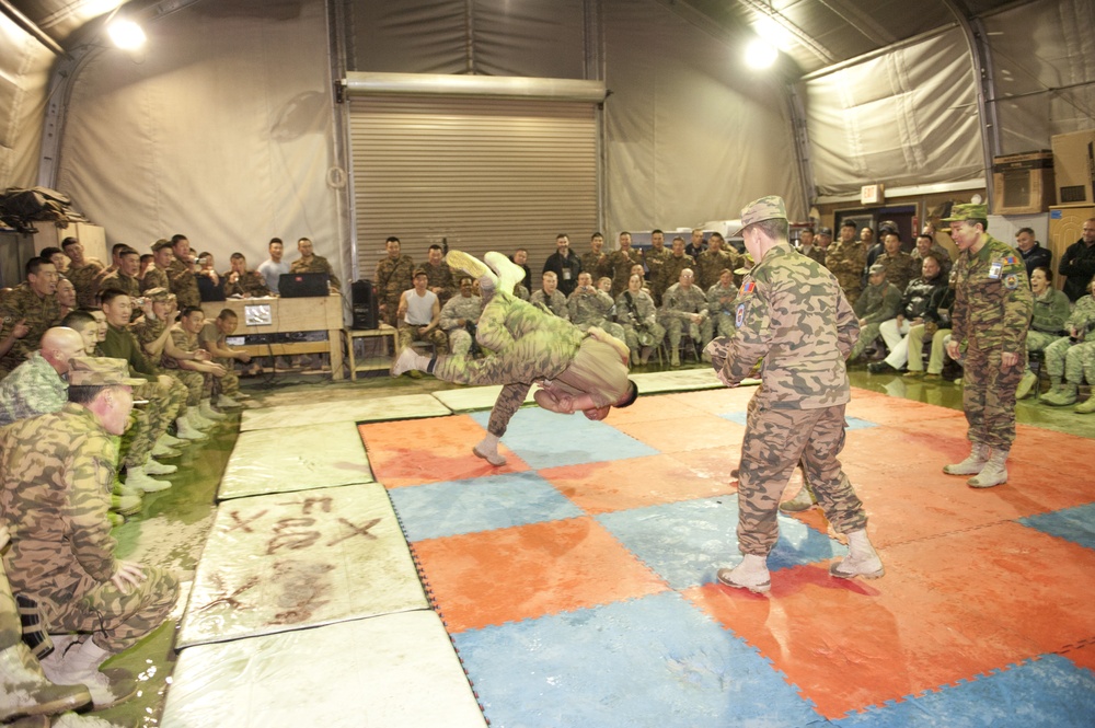 Mongolian soldiers hold wrestling exhibition