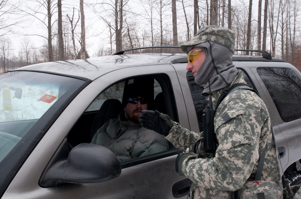 New Mexico Army National Guard soldiers training on security Checkpoint operations at Camp Atterbury Joint Maneuver Training Center