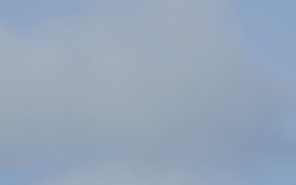 Two military personnel are leaning over the edge of what appears to be a naval vessel's superstructure or island, looking outward. The structure displays a large white letter 'E' and a colorful array of military battle efficiency and award ribbons/pennants. The image is taken from a low angle against an overcast sky.