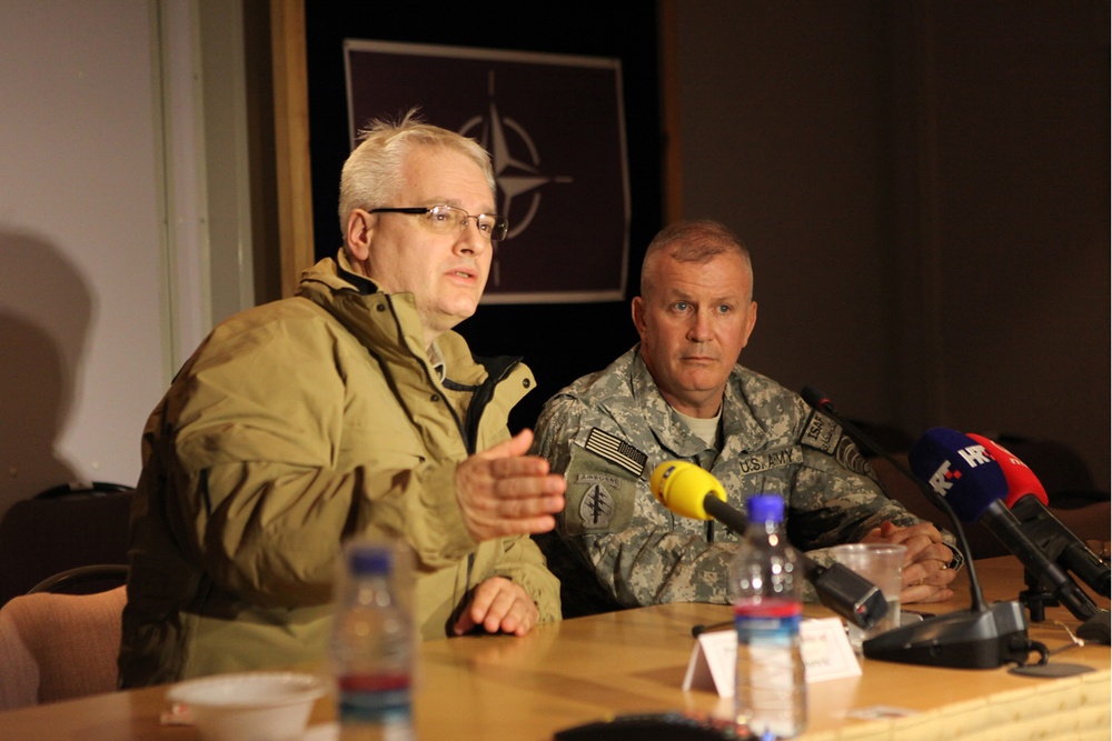 President Josipovic of Croatia answers questions from the media during a press conference with U.S. Army Brig. Gen. Sean P. Mulholland, ISAF RC-North Deputy Commander