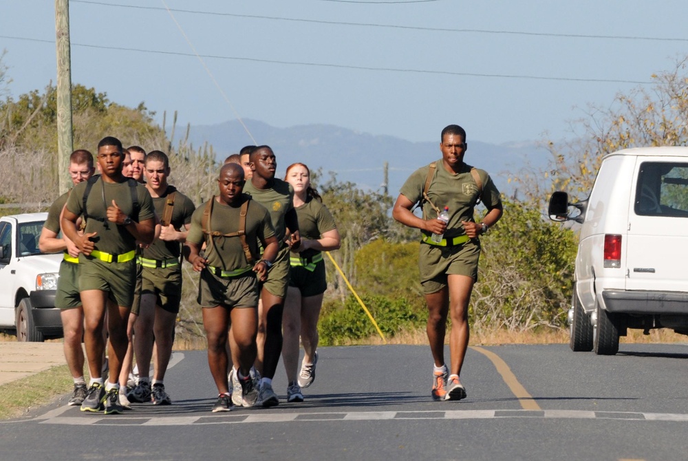 Marines from Marine Corps Security Forces Guantanamo Bay participate in a teambuilding run