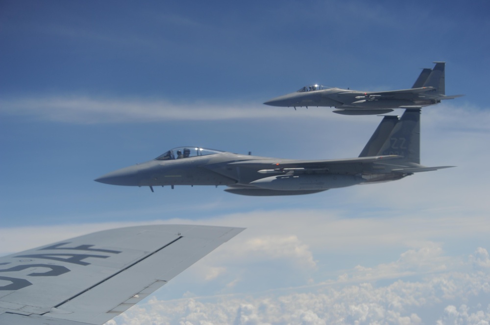 KC-135 Refuels 44th Expeditionary Fighter Squadron F-15