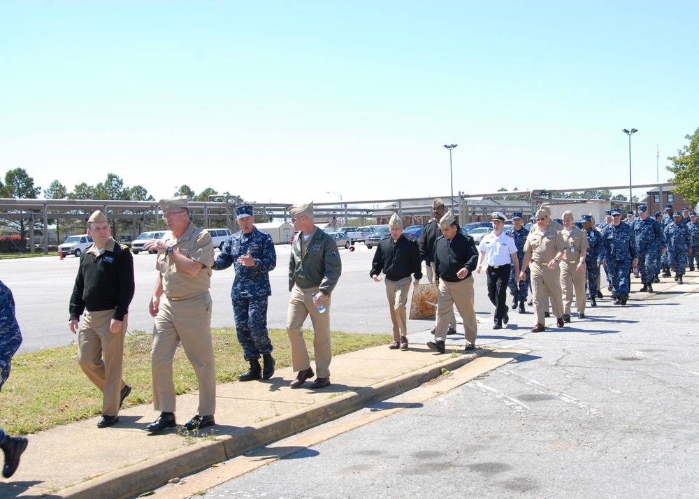 Commander, U.S. Second Fleet Vice Admiral Daniel P. Holloway (second from left) walks with his Sailors and staff onboard Naval Station Norfolk April 6 as part of National Start Walking Day