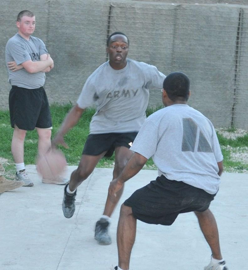 Soldiers shoot hoops in Ghormach