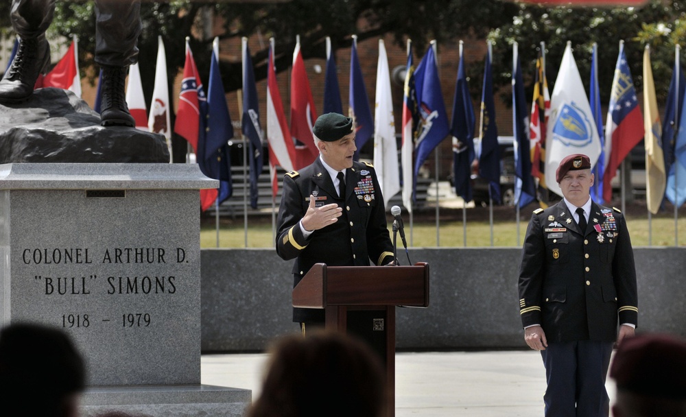 Maj. Gen. Bennet S. Sacolick, commanding general of the U.S. Army John F. Kennedy Special Warfare Center and School, speaks during the retirement ceremony