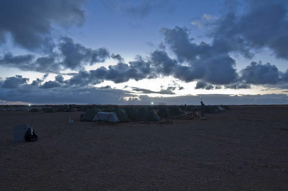 The sun sets on the Joint Logistics Over The Shore (JLOTS) camp