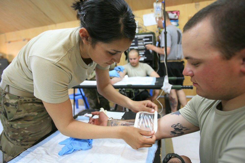 During a training exercise, a soldier gets stuck with an 'IV'