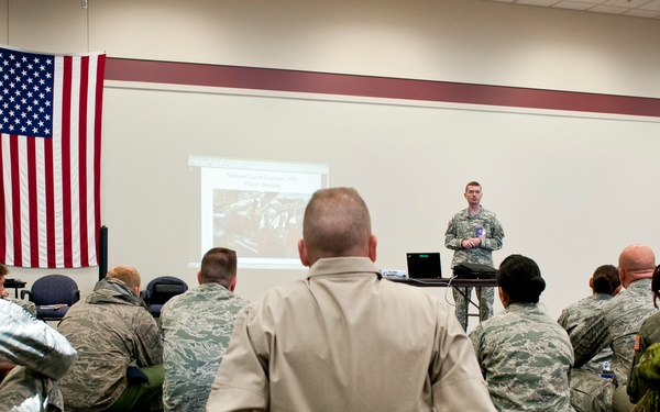 Members of the 123rd Contigency Response Element, Kentucky Air National, along with Human Service groups MASF, Mobile Aeromedical Staging Facility, and FEMA, Federal Emergency Management Agency, gather together on May 16, 2011 in Springfield, MO for a Nat