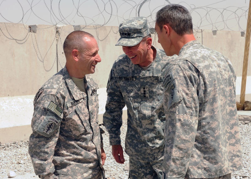 Commanders from the Combined Joint Special Operations Task Force-Afghanistan share a conversation with Gen. Petraeus