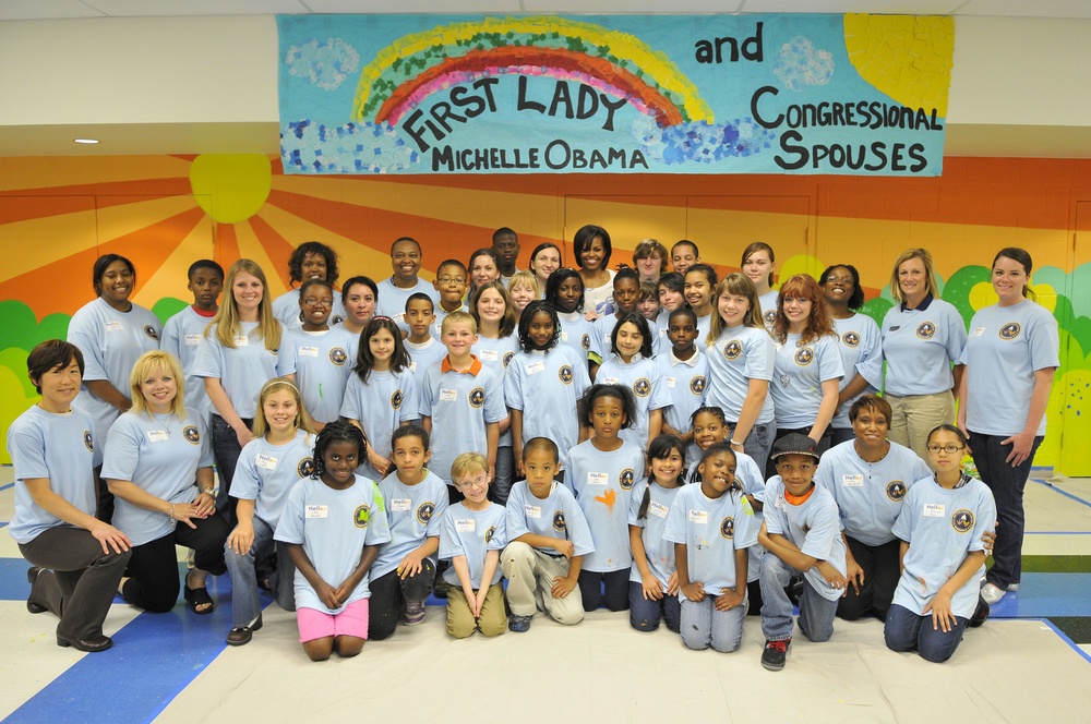 First Lady of the US, Congressional Spouses, youth paint mural at Joint Base Anacostia-Bolling