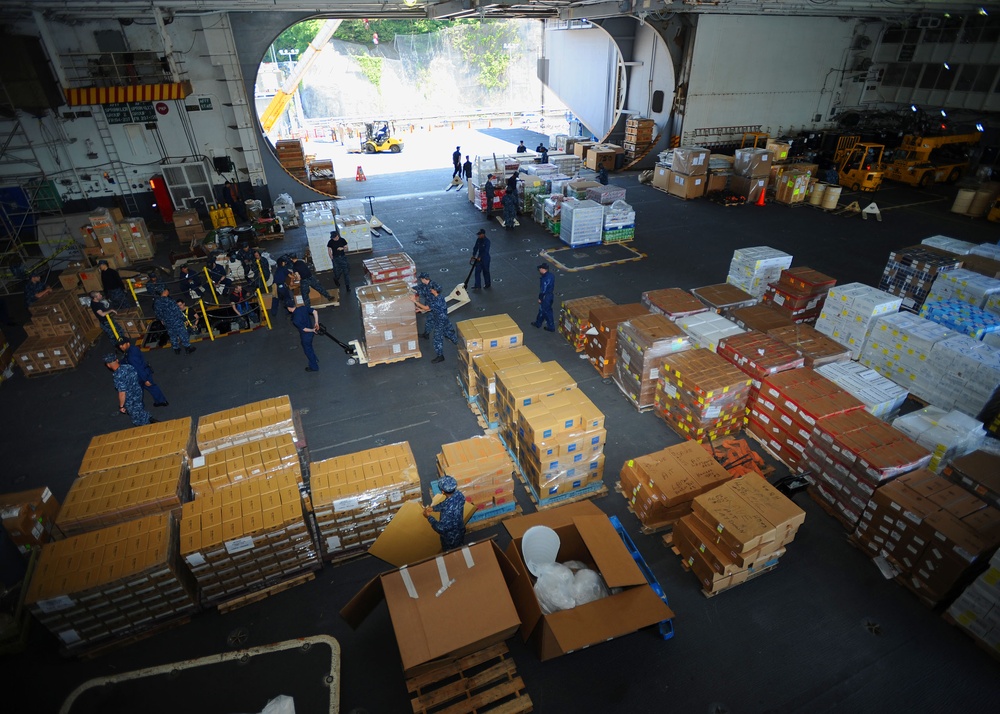 USS George Washington sailors upload food pallets