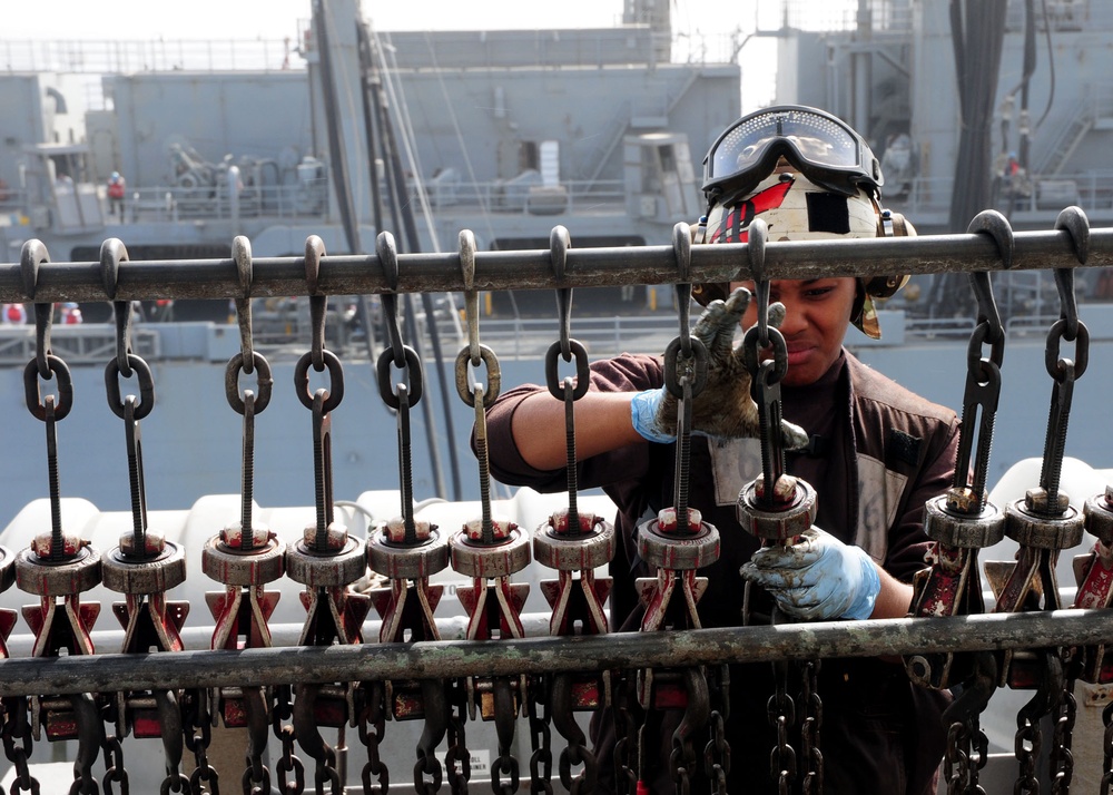 USS Ronald Reagan sailor greases aircraft tie down chains