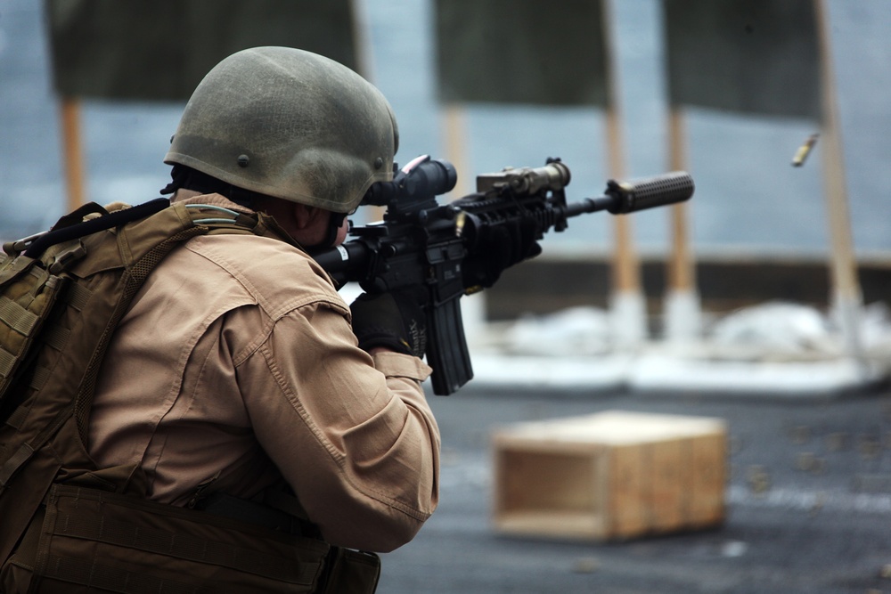 Recon Marines Fire Weapons Aboard USS Bataan