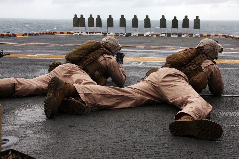 Recon Marines Fire Weapons Aboard USS Bataan