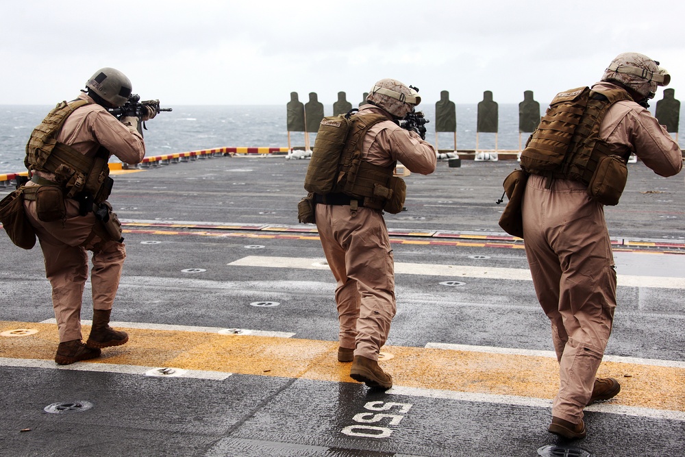 Recon Marines Fire Weapons Aboard USS Bataan