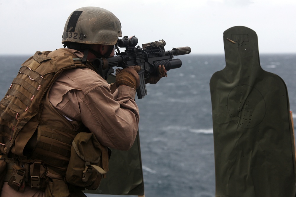 Recon Marines Fire Weapons Aboard USS Bataan