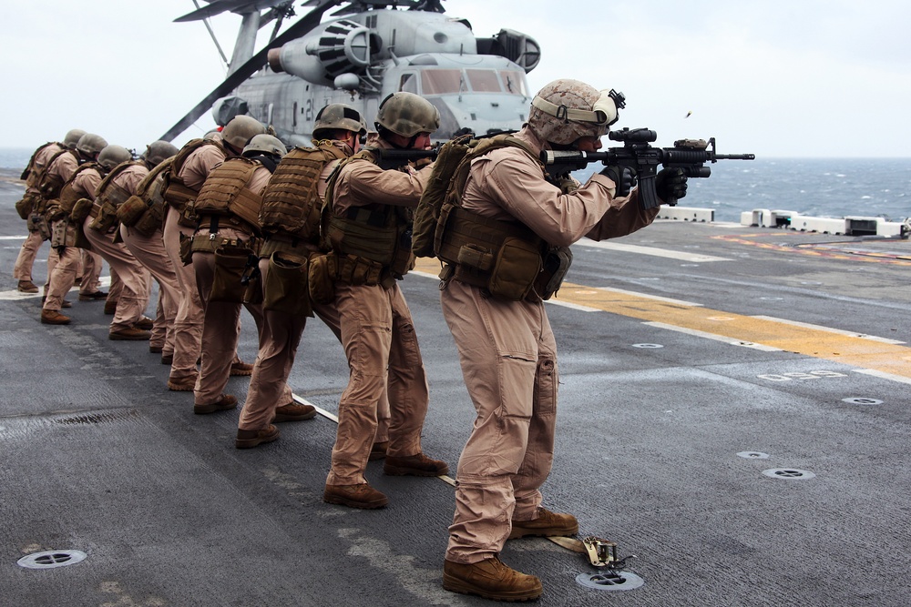 Recon Marines Fire Weapons Aboard USS Bataan