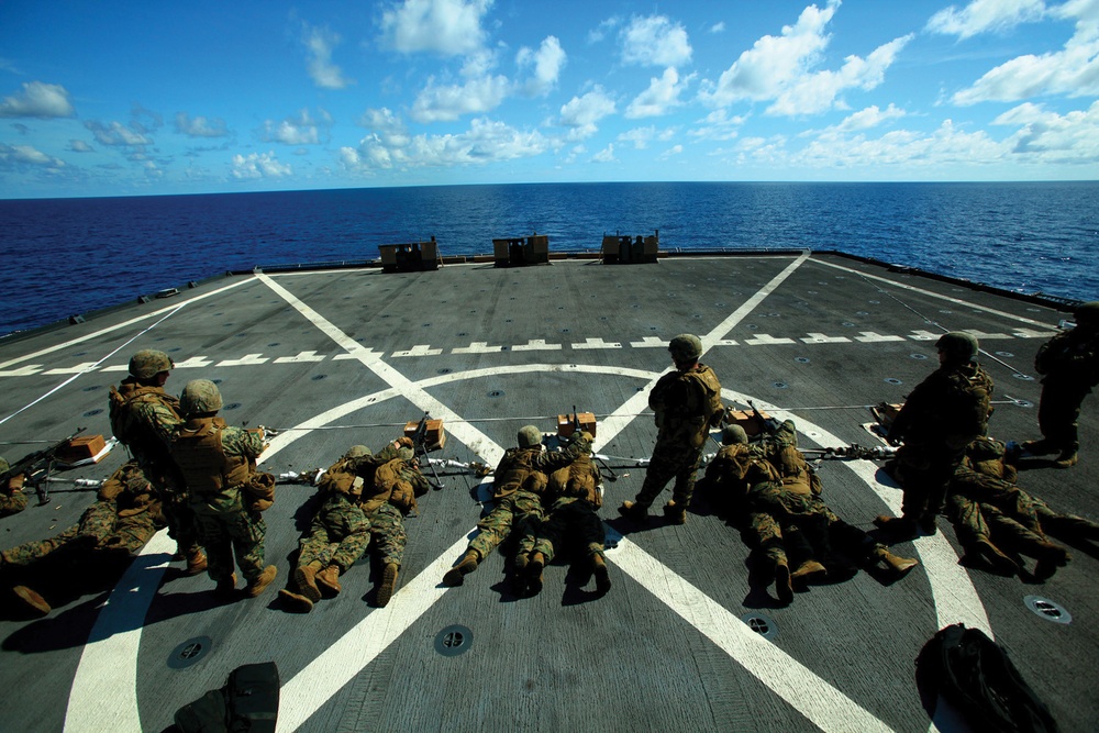 Marines, sailors conduct machine gun drills aboard USS Tortuga