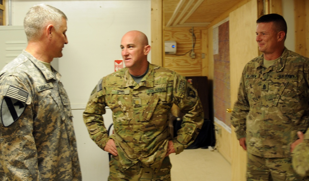 Command Sgt. Maj. Raymond Chandler visits Kandahar Airfield