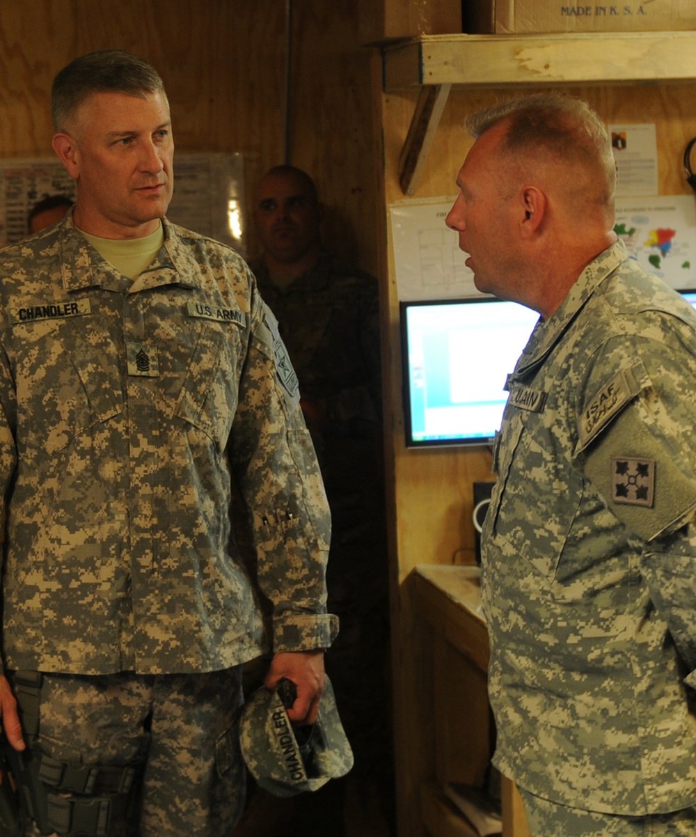 Command Sgt. Maj. Raymond Chandler visits Kandahar Airfield