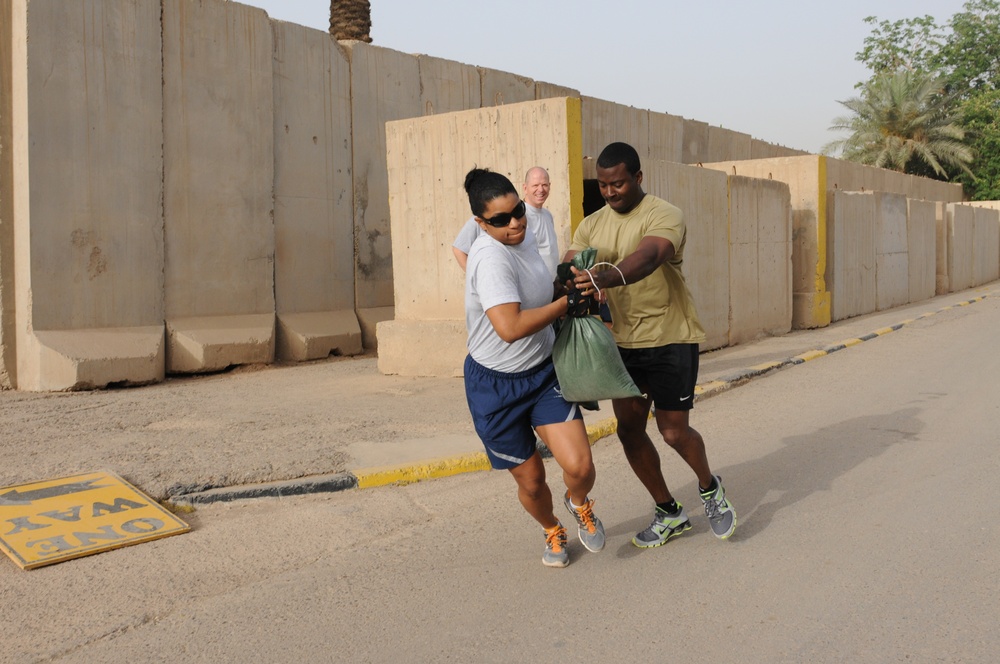 Sandbag relay builds teamwork, fitness