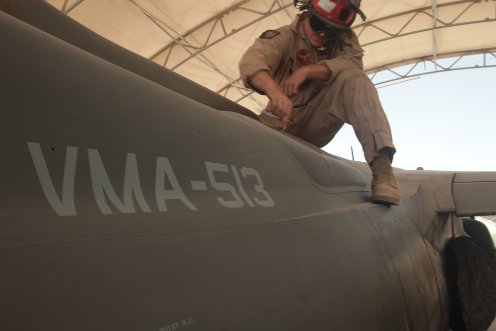 Harrier squadron flightline operations in Afghanistan