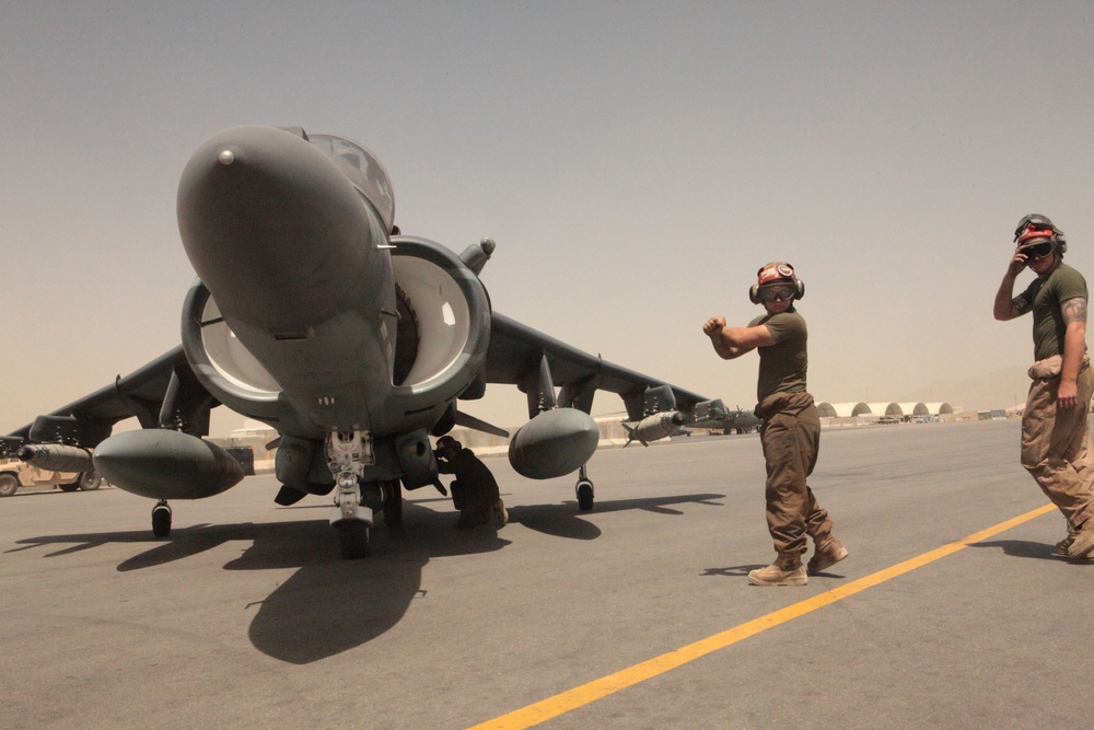 Harrier squadron flightline operations in Afghanistan