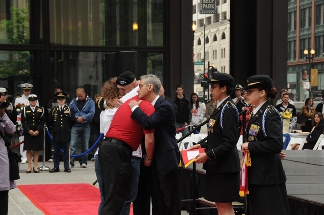 Mayor Rahm Emanuel and Gen. Ray Odierno embrace Gold Star Family members