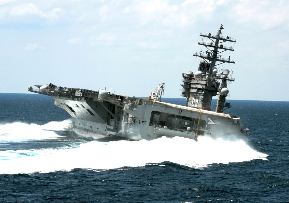 USS Dwight D. Eisenhower conducts rudder turns during sea trials