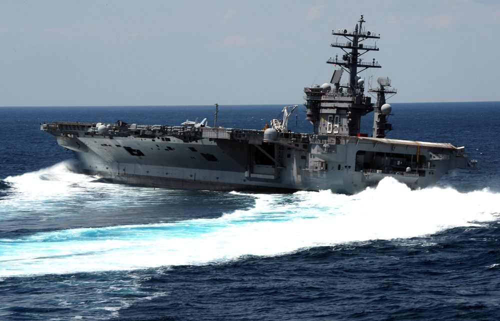 USS Dwight D. Eisenhower conducts rudder turns during sea trials