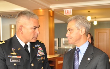 Maj. Gen. John Campbell, commanding general of the 101st Airborne and Chicago Mayor Rahm Emanuel celebrate the Army's 236th birthday at the Pritzker Military Library
