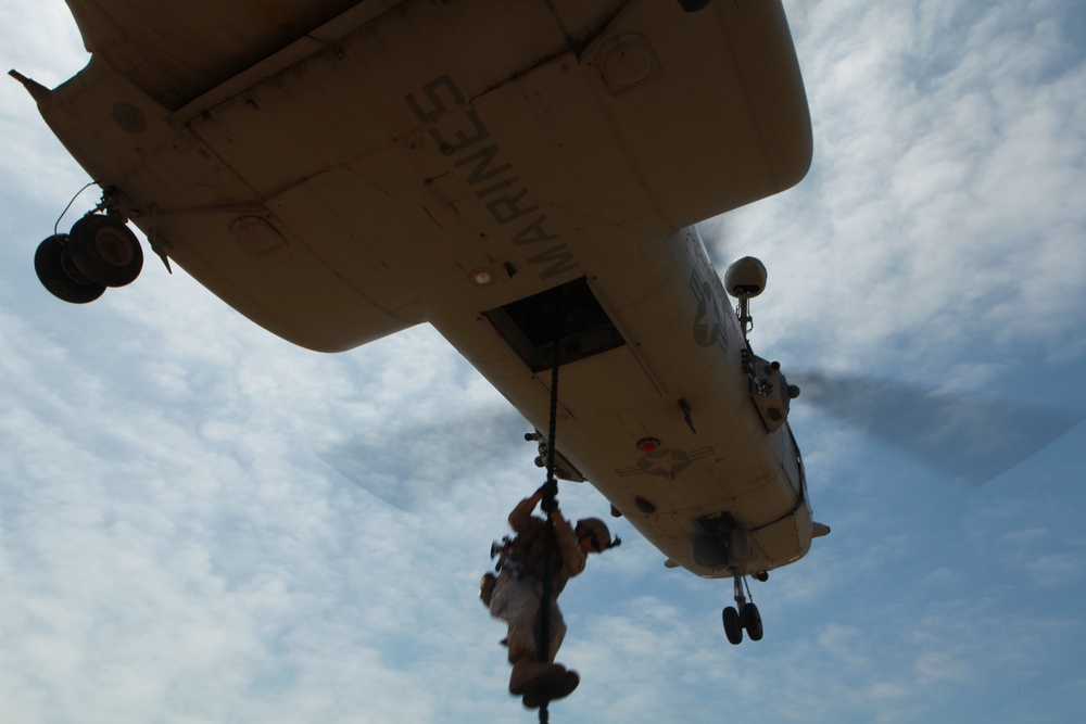 Maritime raid force fast ropes