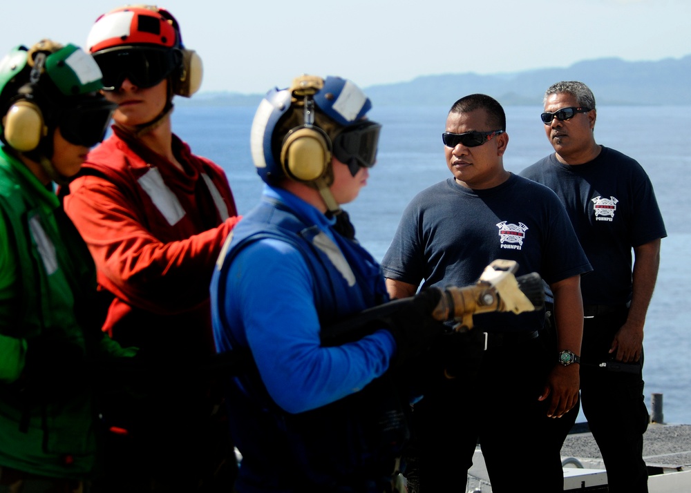 Flight deck firefighting training aboard the USS Cleveland
