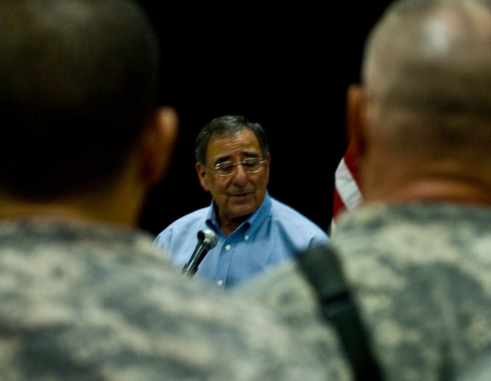 Defense secretary holds Town Hall at Camp Victory