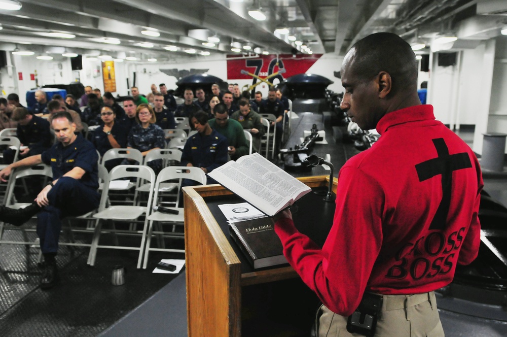 USS Ronald Reagan's sailors attend religious service