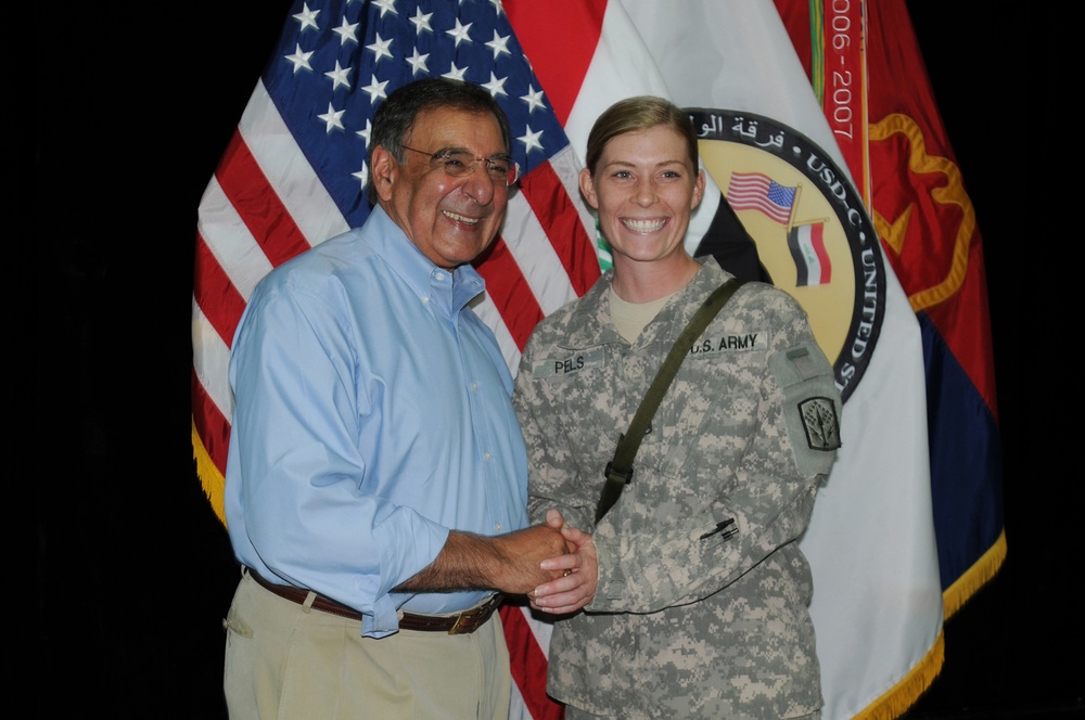 Soldier meets Defense Secretary in Iraq one week after Independence Day phone call