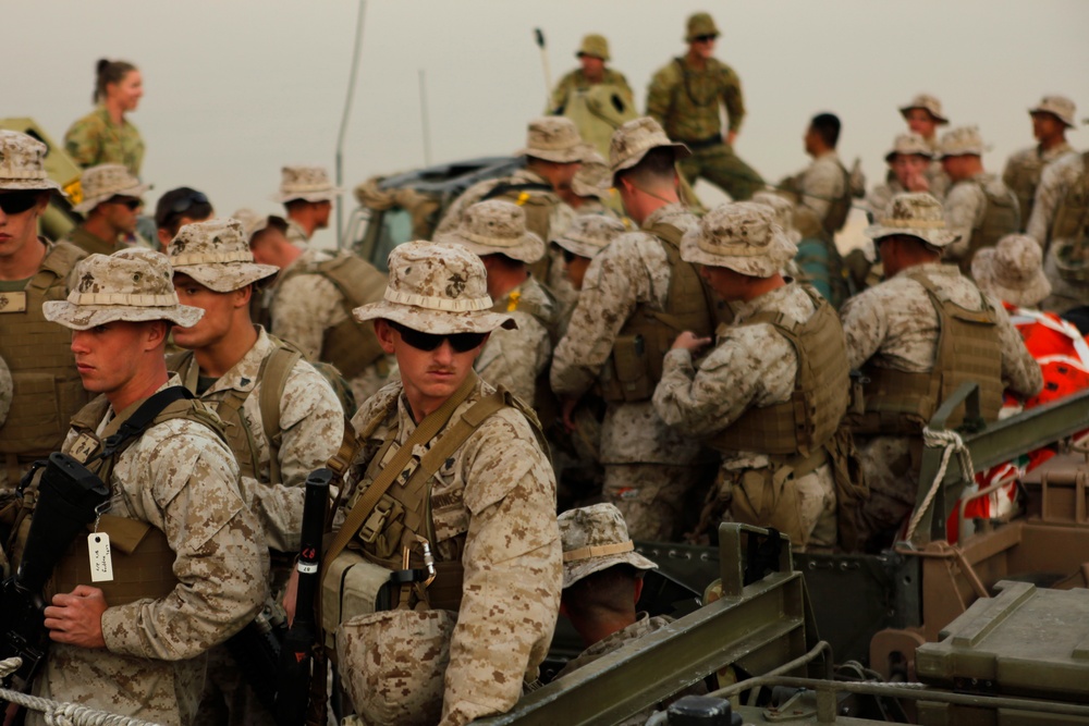 US Marines travel aboard Australian light amphibious recovery crafts during Talisman Sabre 2011