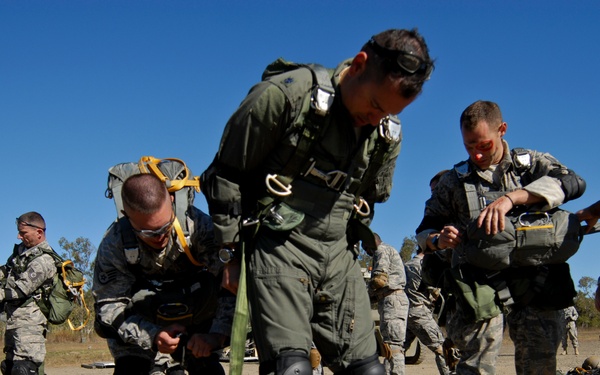 US Air Force 36th Expeditionary Contingency Response Squadron jump from a C-17 during Talisman Sabre 2011