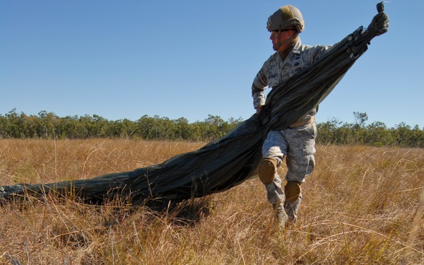 US Air Force 36th Expeditionary Contingency Response Squadron jump from a C-17 during Talisman Sabre 2011