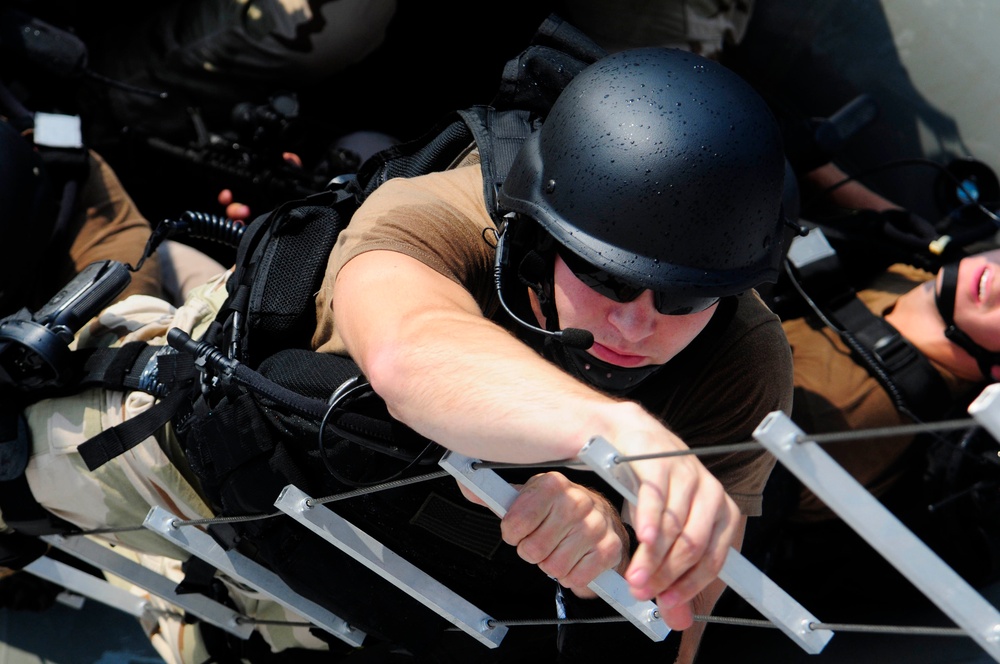 Simulated ship boarding exercise aboard USS WASP