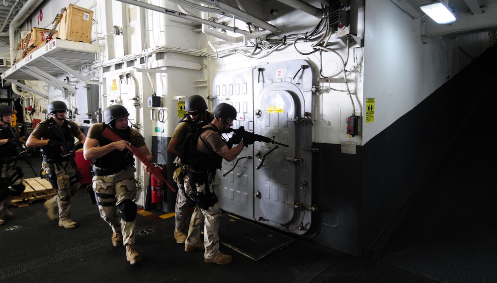 Simulated ship boarding exercise aboard USS WASP