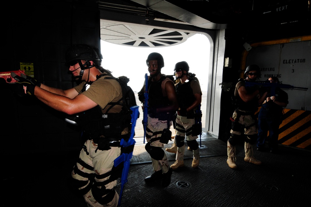 Simulated ship boarding exercise aboard USS WASP