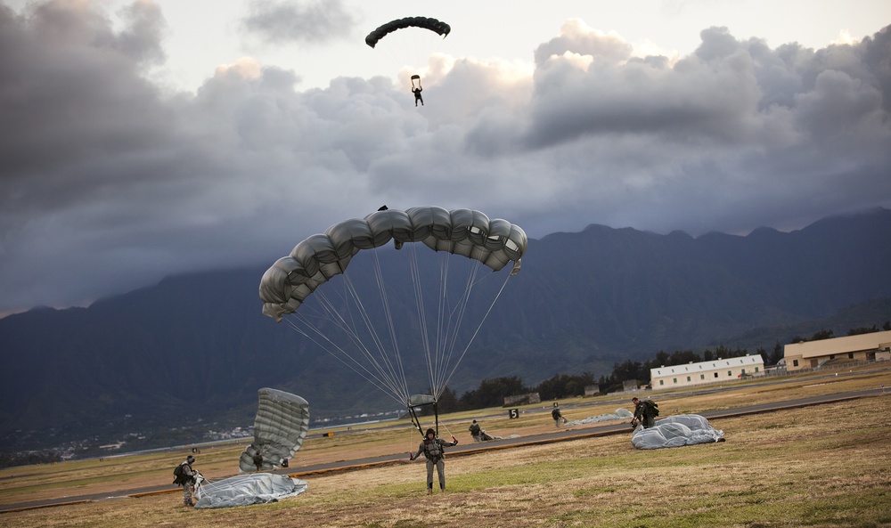 Parachutes over paradise: Force Recon Marines, SEALs, Army and Air Force paratroopers glide over Marine Corps Base Hawaii