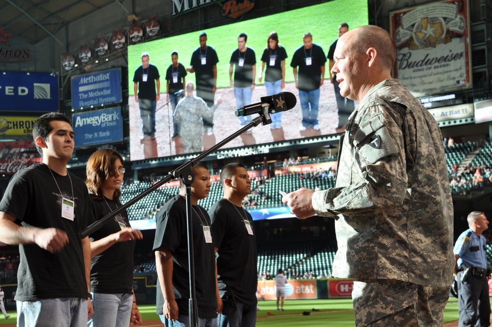 Guard recruits enlist at Major League Baseball game