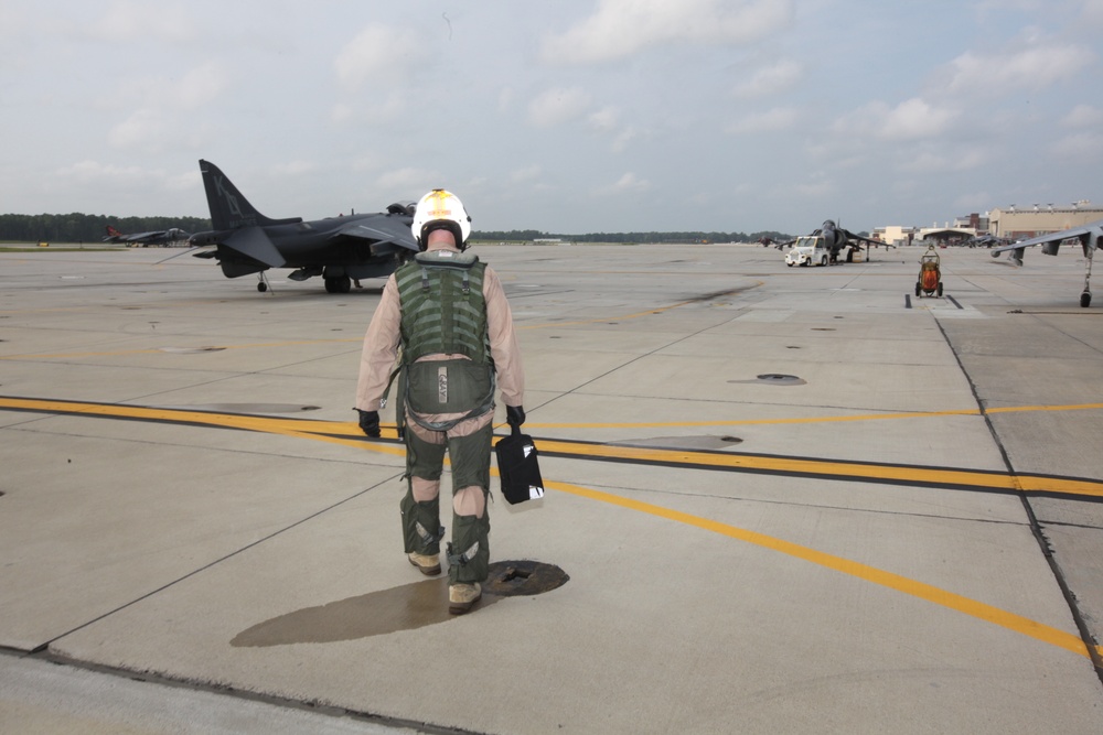 British aviator pilots Harrier for the last time