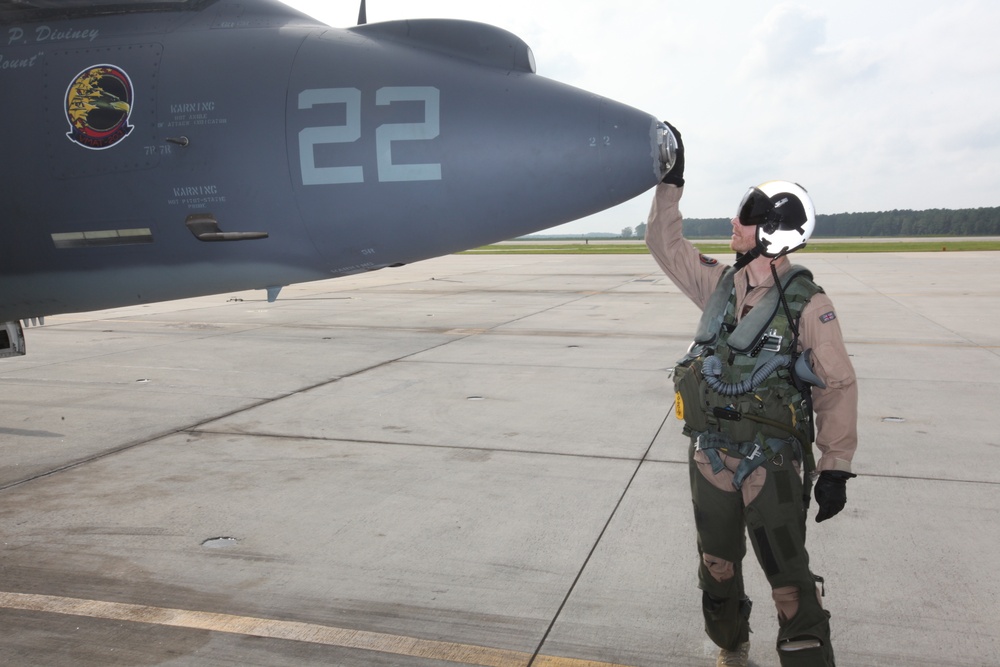 British aviator pilots Harrier for the last time