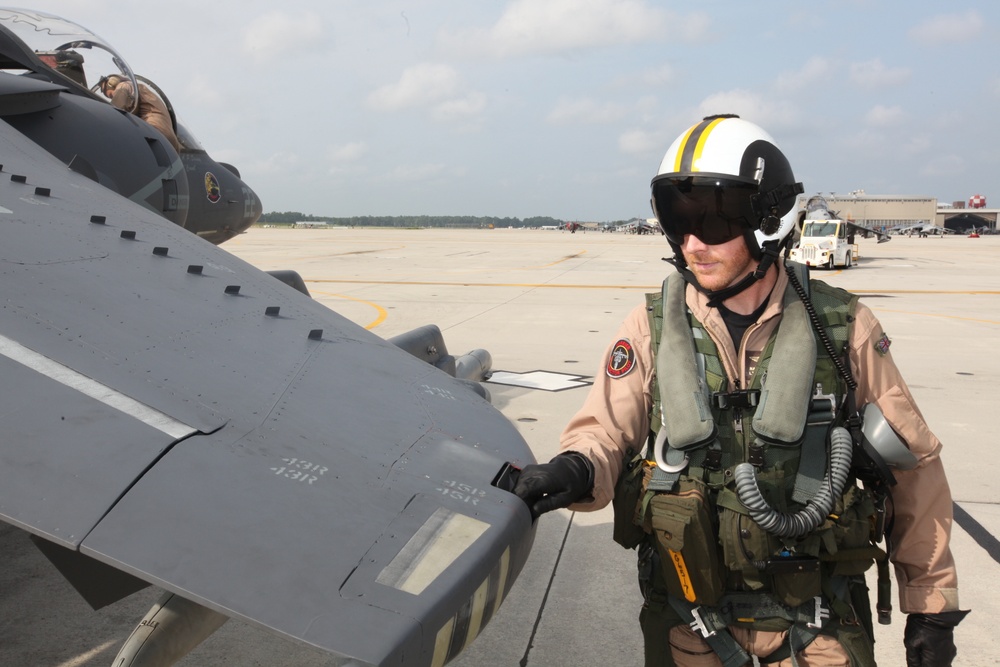 British aviator pilots Harrier for the last time