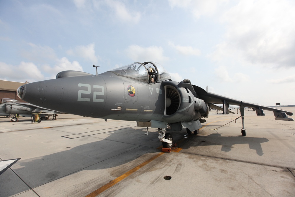 British aviator pilots Harrier for the last time