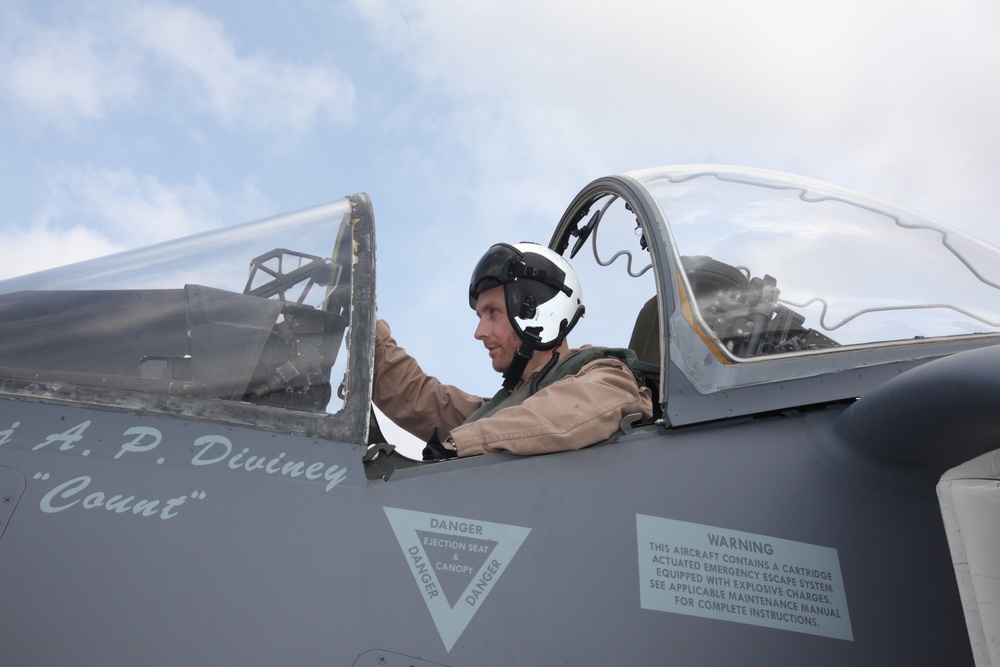 British aviator pilots Harrier for the last time