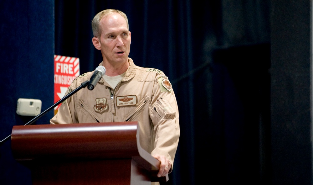 Members of 379th AEW welcome new commander